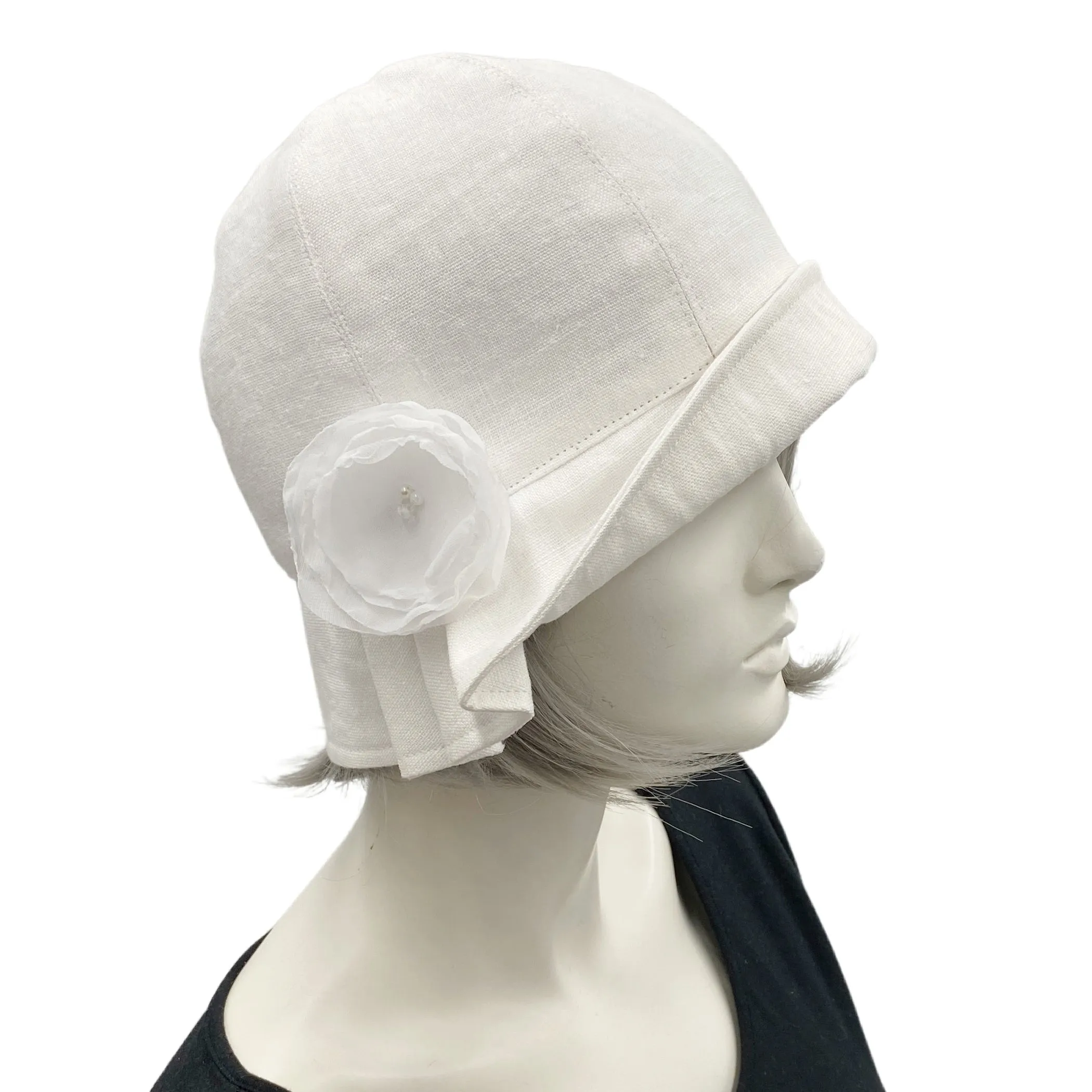 1920s Jazz Age Cloche Hat in Linen with Chiffon Rose and Scarf | The Polly