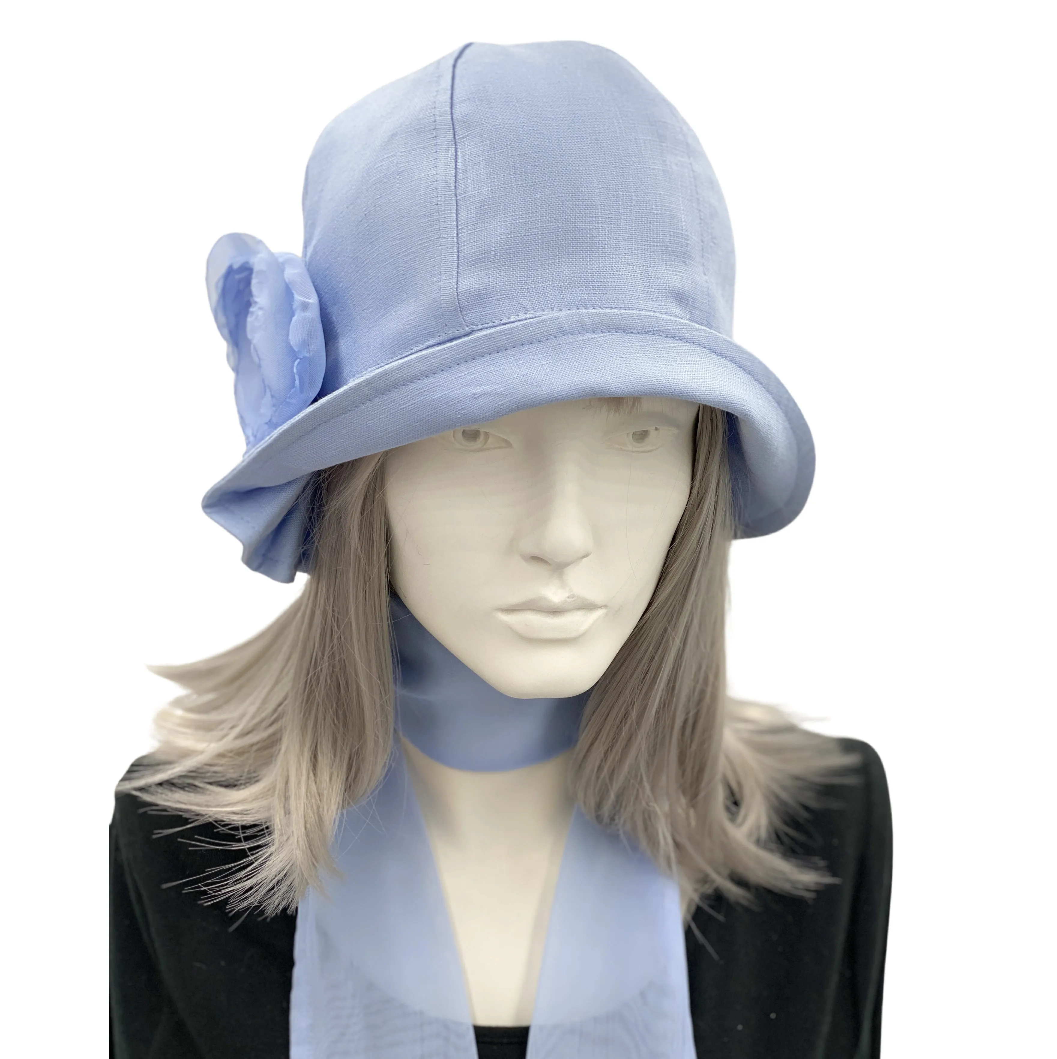 1920s Jazz Age Cloche Hat in Linen with Chiffon Rose and Scarf | The Polly
