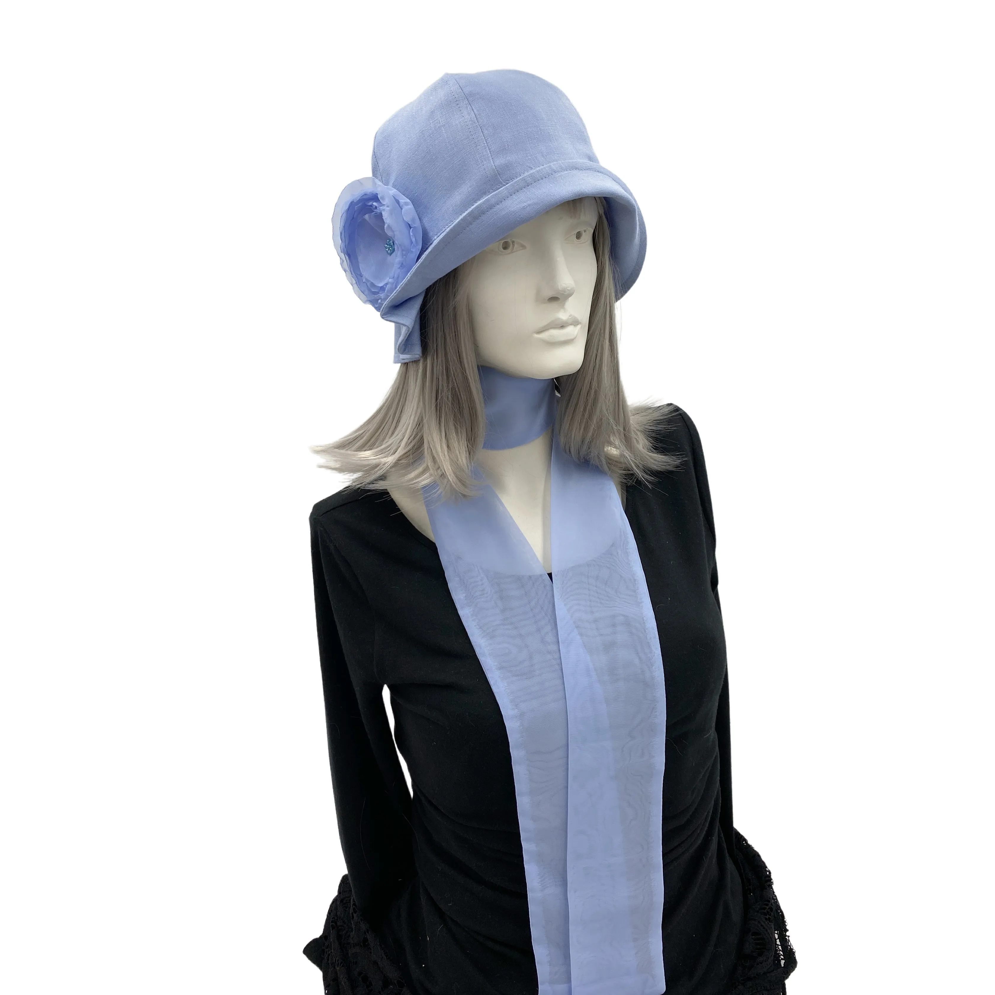 1920s Jazz Age Cloche Hat in Linen with Chiffon Rose and Scarf | The Polly