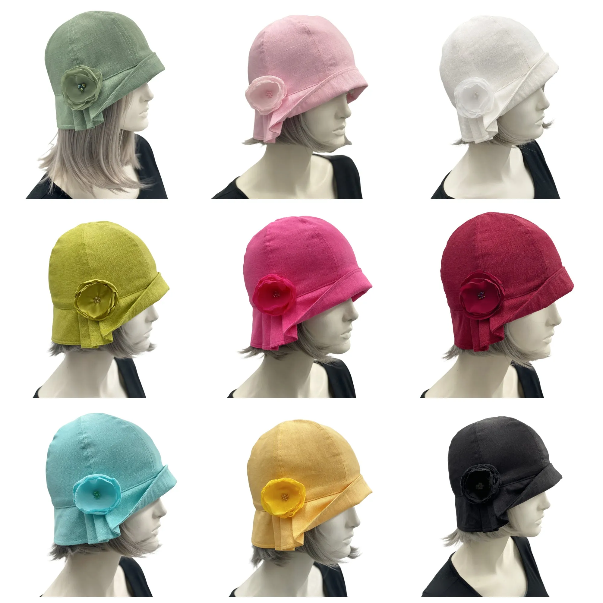 1920s Jazz Age Cloche Hat in Linen with Chiffon Rose and Scarf | The Polly