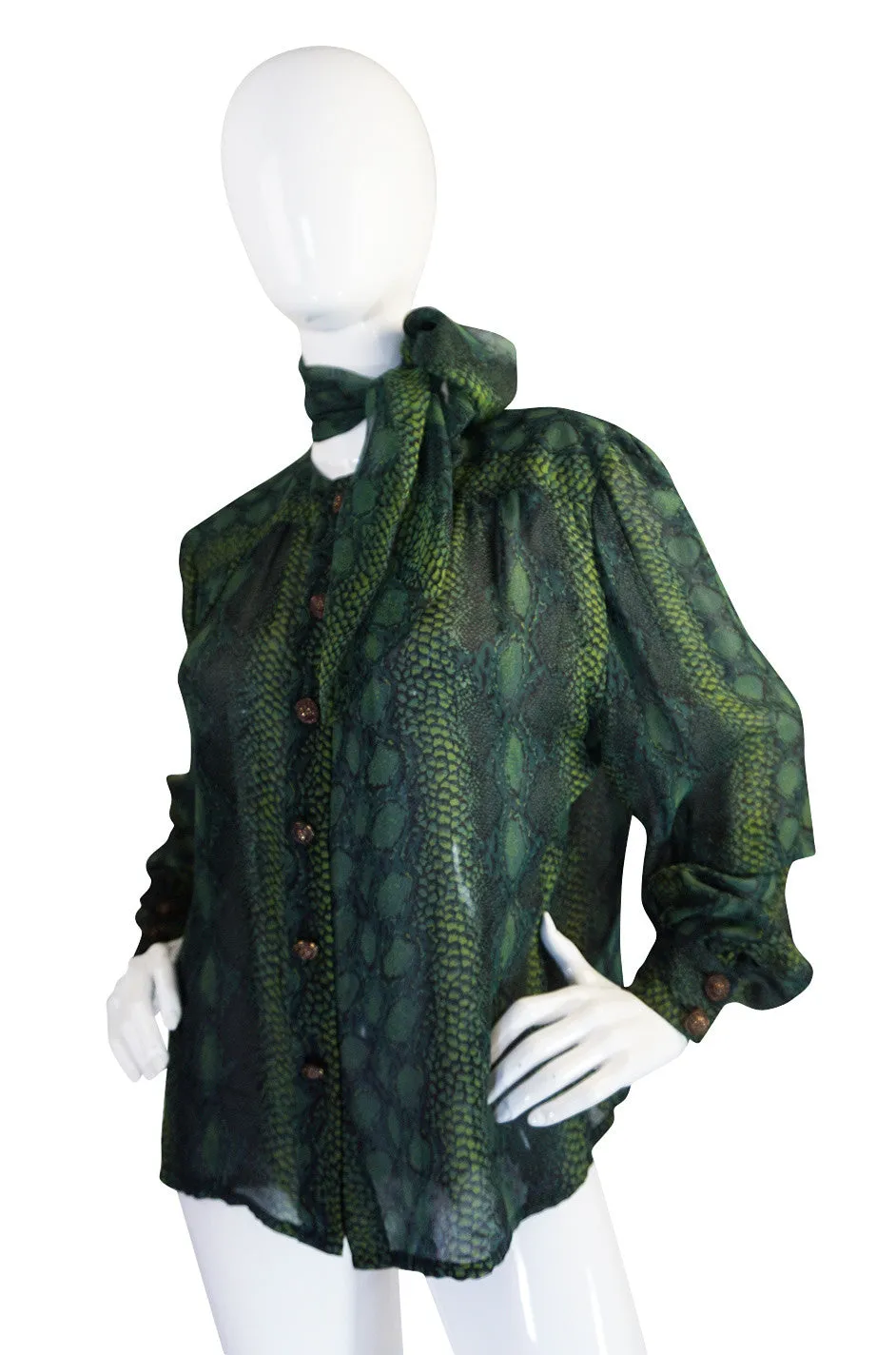 1980s Jean-Louis Scherrer Silk Chiffon Snake Print Top
