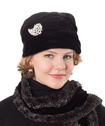 Ana Cloche Hat Style - Velvet in Black, Solid (Rhinestone Brooch - One Left)