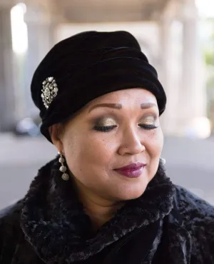 Ana Cloche Hat Style - Velvet in Black, Solid (Rhinestone Brooch - One Left)