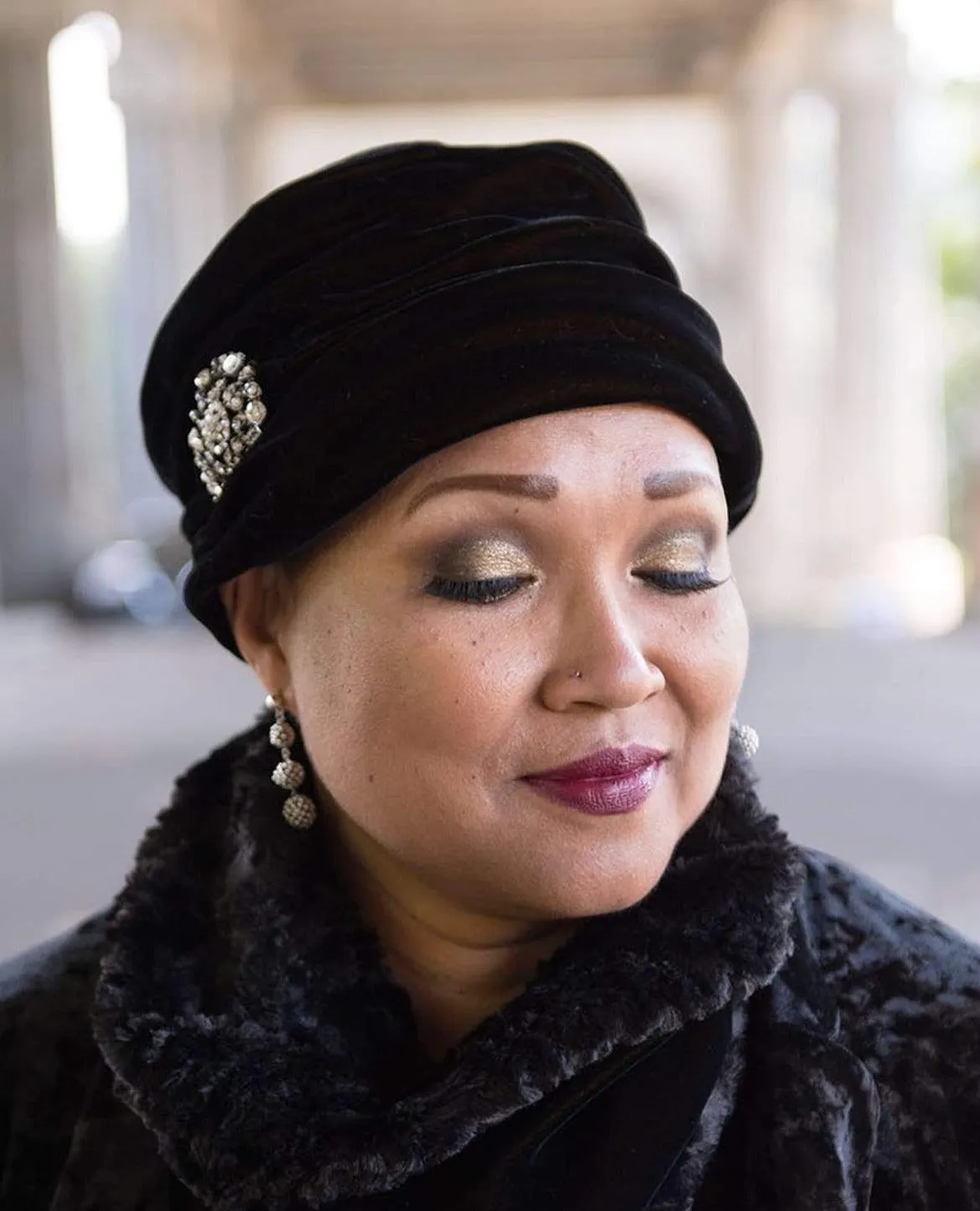 Ana Cloche Hat Style - Velvet in Black, Solid (Rhinestone Brooch - One Left)