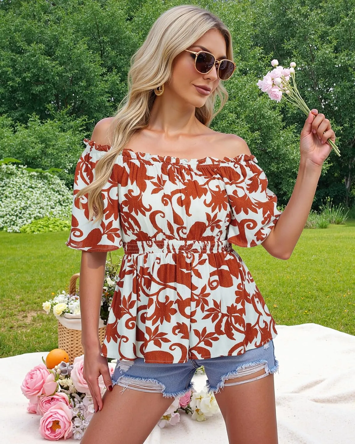 Bebonnie Women's Summer Off The Shoulder Short Sleeve Chiffon Blouse Ruffle Hem Tops