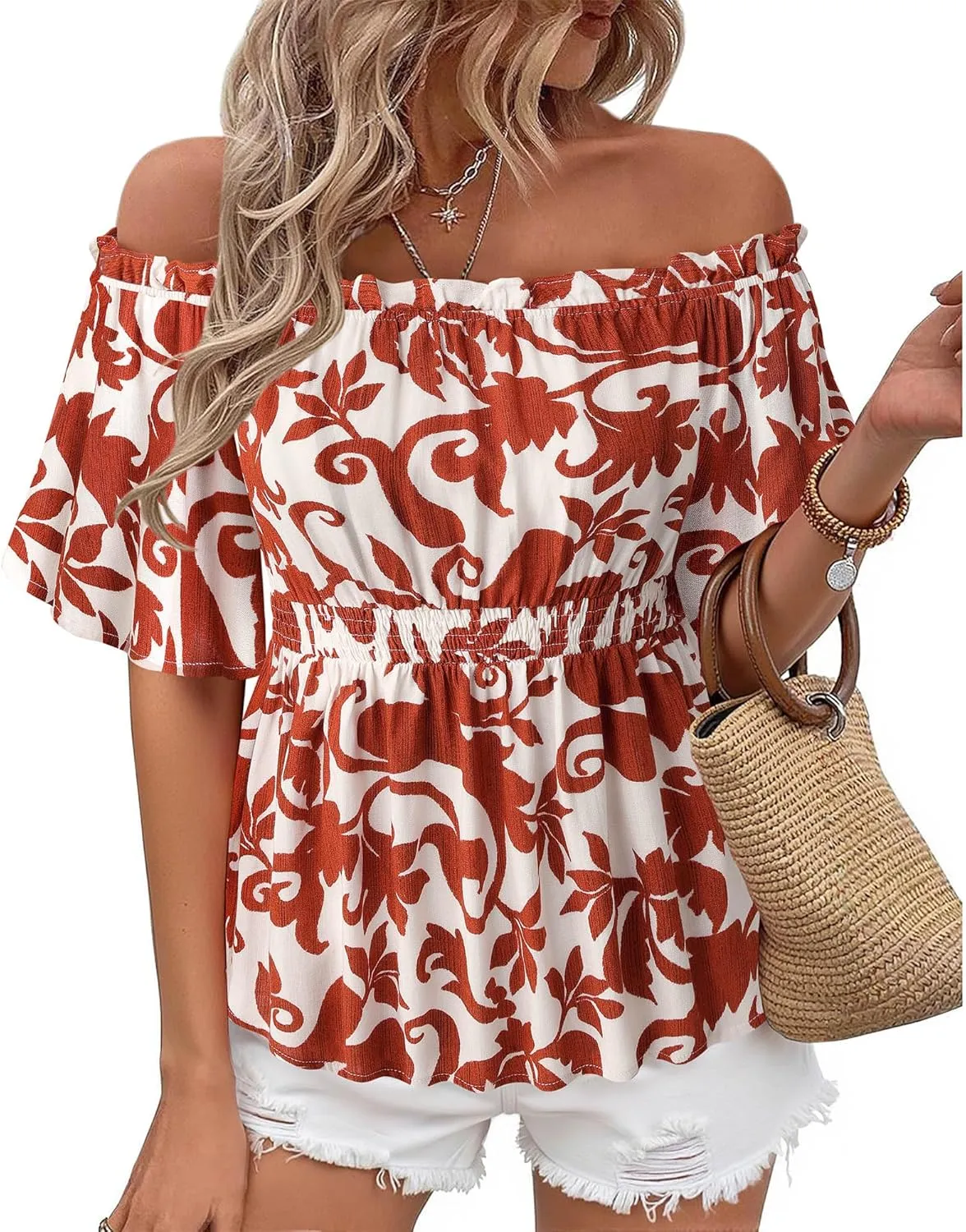Bebonnie Women's Summer Off The Shoulder Short Sleeve Chiffon Blouse Ruffle Hem Tops