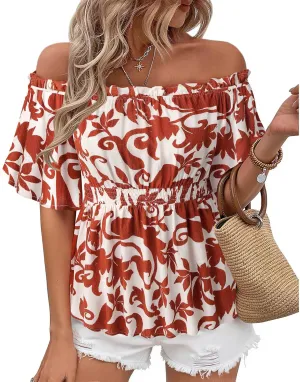 Bebonnie Women's Summer Off The Shoulder Short Sleeve Chiffon Blouse Ruffle Hem Tops