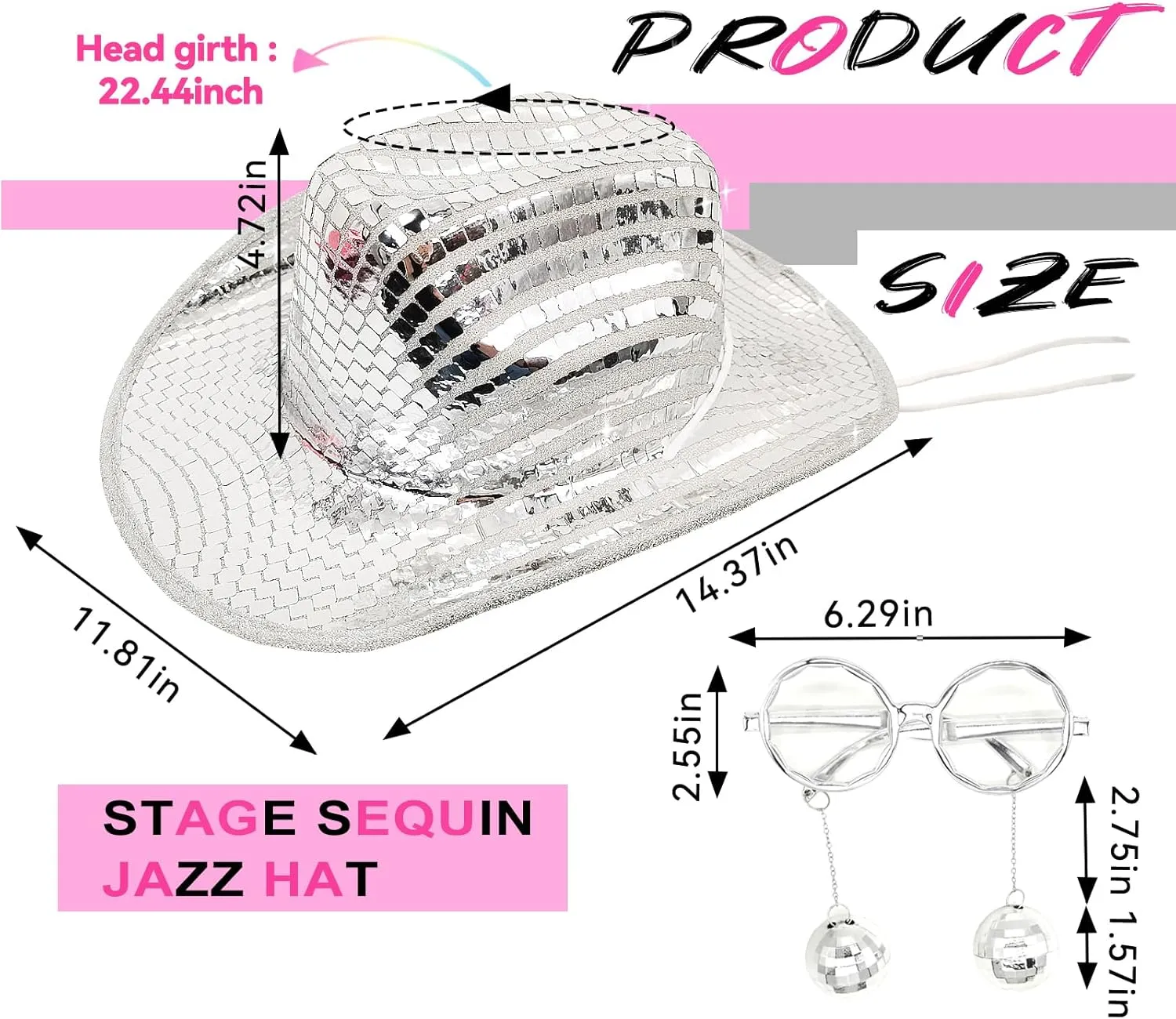 Disco Western Cowboy Hat with Disco Ball Sunglasses, Sequin Mirrored Cowgirl Hat for Women Men Costume Cosplay Party