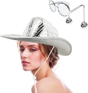 Disco Western Cowboy Hat with Disco Ball Sunglasses, Sequin Mirrored Cowgirl Hat for Women Men Costume Cosplay Party
