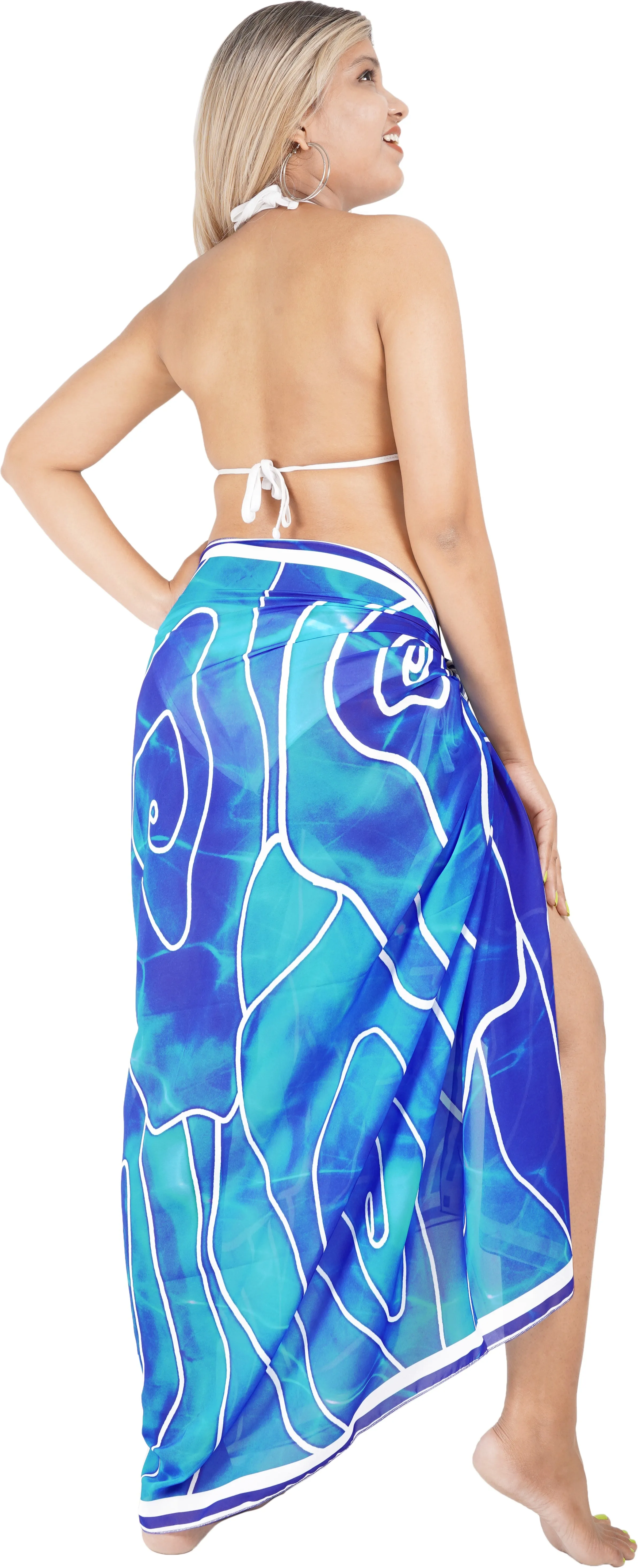 Embrace Coastal Serenity In Sky Blue Sheer Abstract Printed Beach Wrap For Women