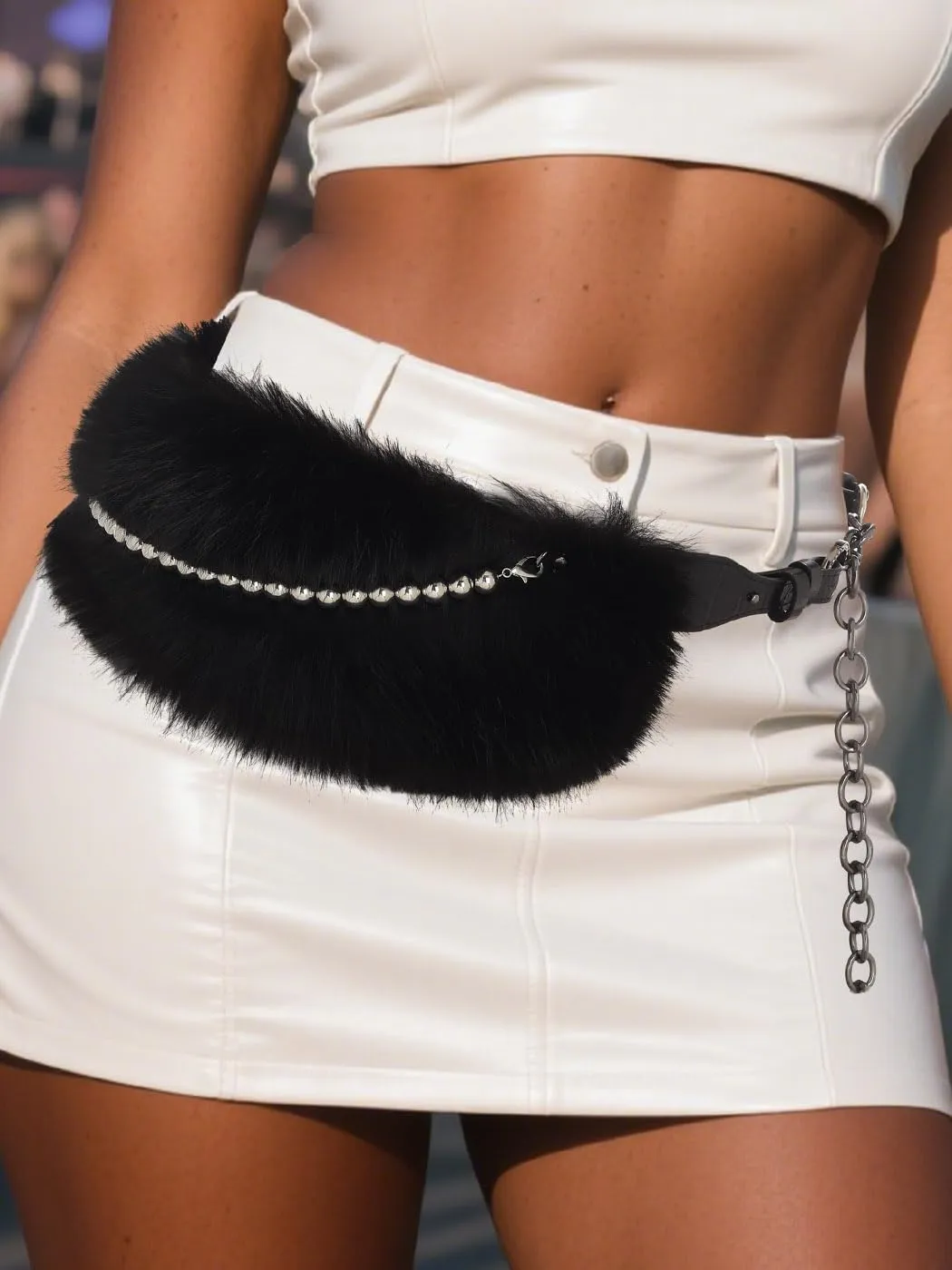Fur Leather Belt Women Punk Belt Wide Beads Chain Belts for Dresses and Pants