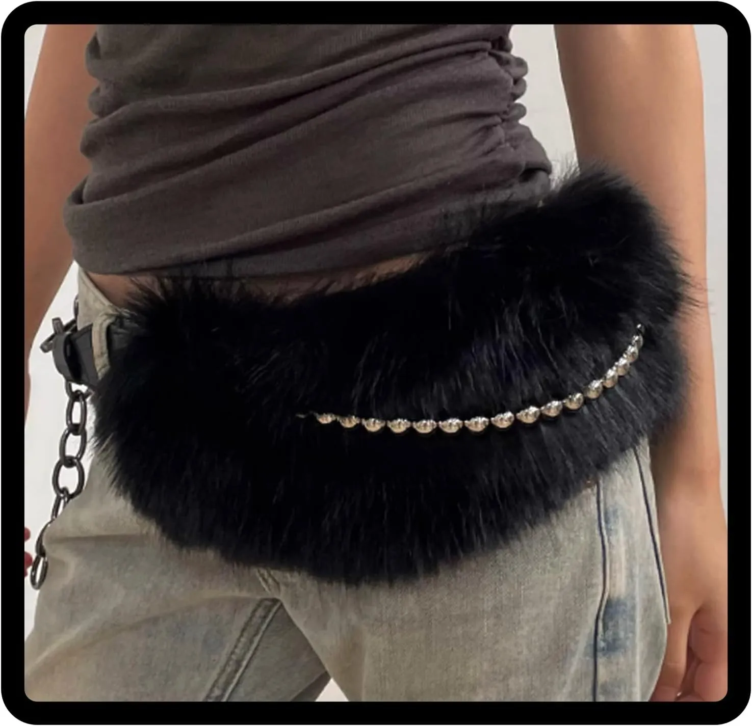 Fur Leather Belt Women Punk Belt Wide Beads Chain Belts for Dresses and Pants