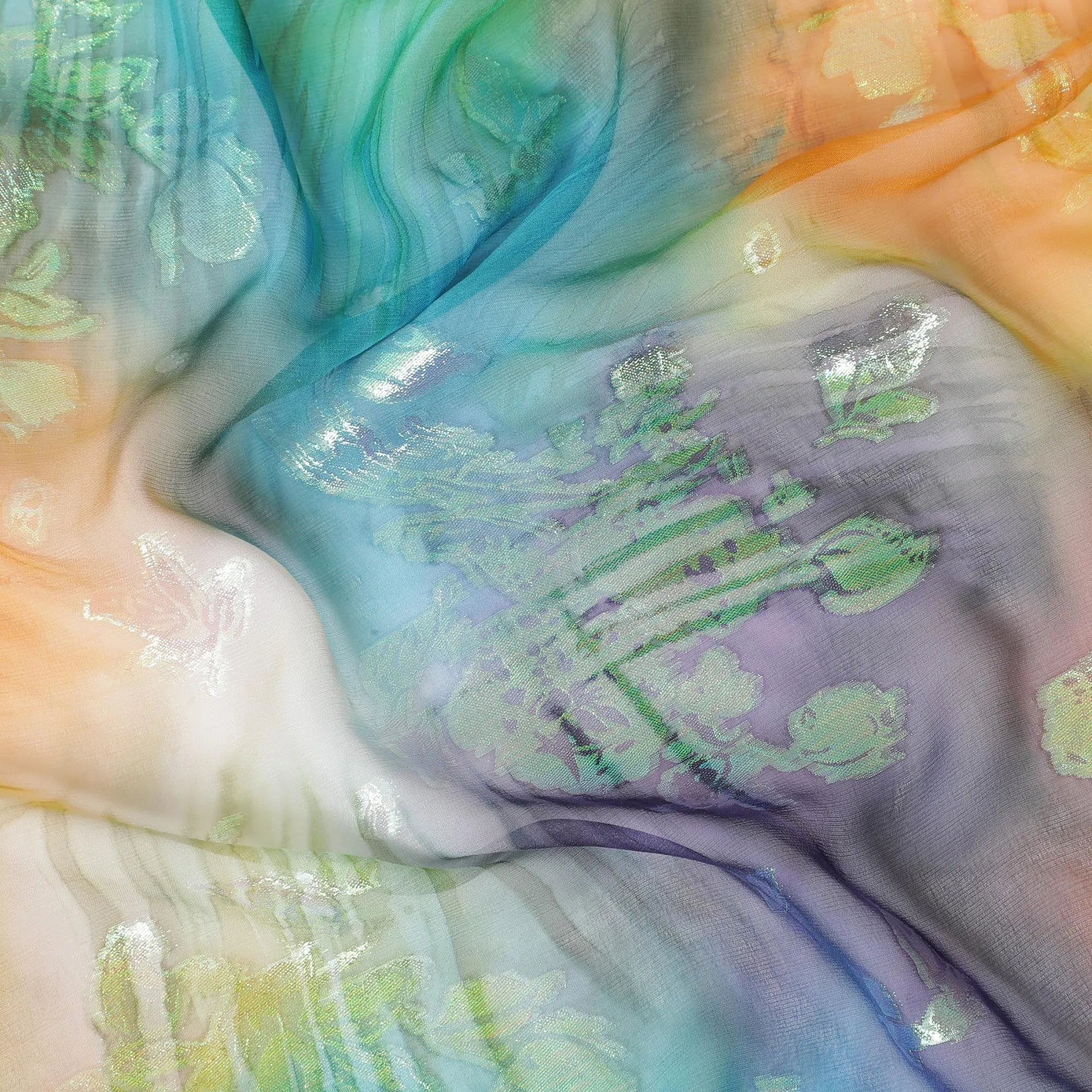 Hand printed multicolour silk chiffon fabric with rainbow metallic jacquard in floral design - D9874