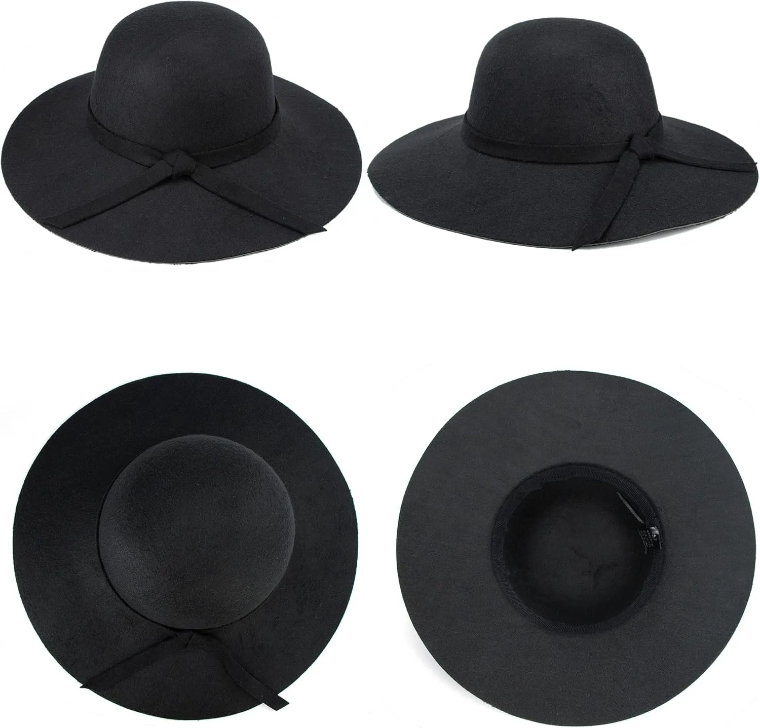 IZUS Floppy Fedora with Bowknot Decor for Women Retro Cloche Crown Felt Hat Ladies Wide Brim Bowler Hat Medium