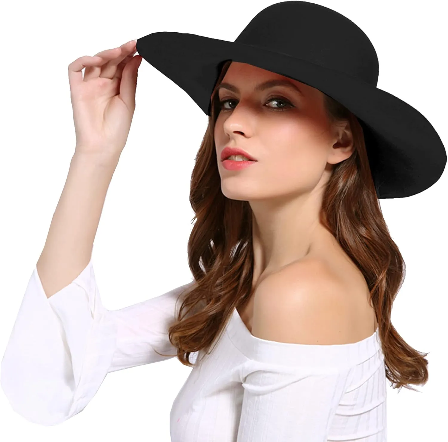 IZUS Floppy Fedora with Bowknot Decor for Women Retro Cloche Crown Felt Hat Ladies Wide Brim Bowler Hat Medium