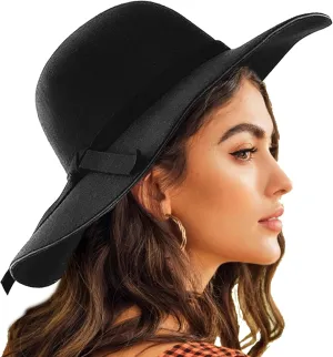 IZUS Floppy Fedora with Bowknot Decor for Women Retro Cloche Crown Felt Hat Ladies Wide Brim Bowler Hat Medium