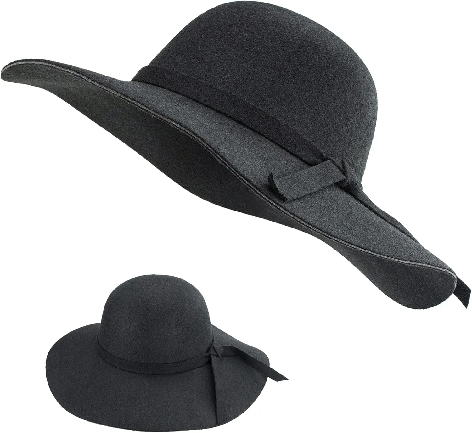 IZUS Floppy Fedora with Bowknot Decor for Women Retro Cloche Crown Felt Hat Ladies Wide Brim Bowler Hat Medium
