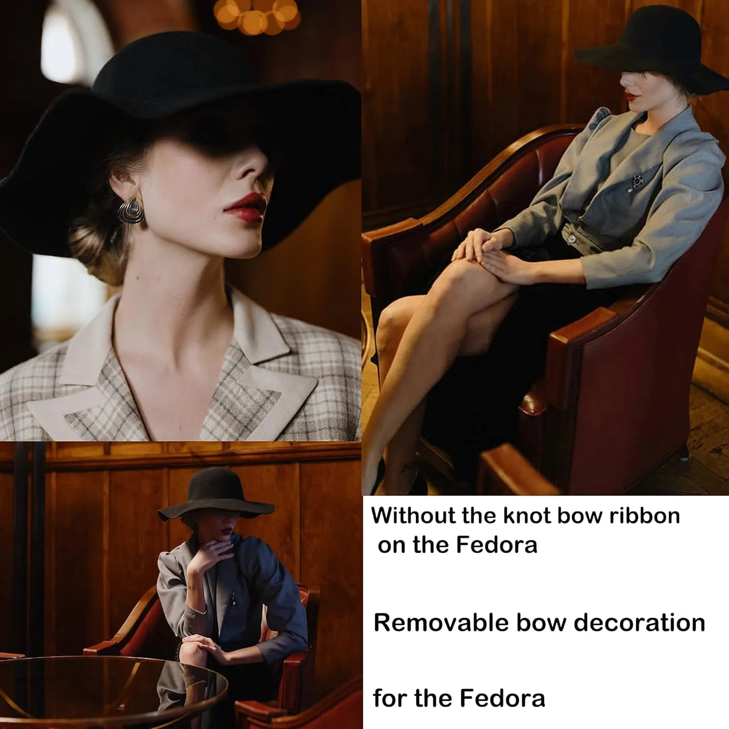 IZUS Floppy Fedora with Bowknot Decor for Women Retro Cloche Crown Felt Hat Ladies Wide Brim Bowler Hat Medium