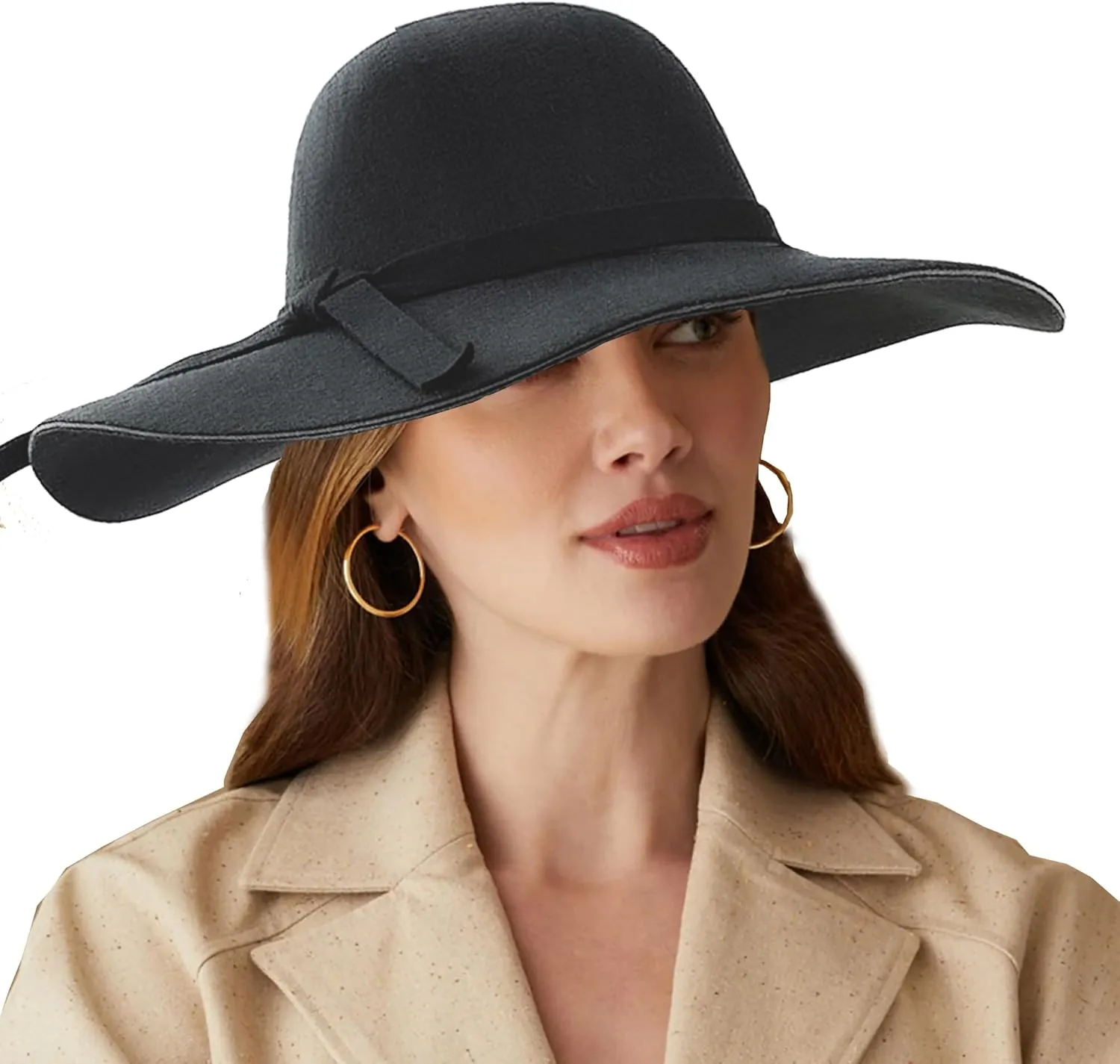 IZUS Floppy Fedora with Bowknot Decor for Women Retro Cloche Crown Felt Hat Ladies Wide Brim Bowler Hat Medium
