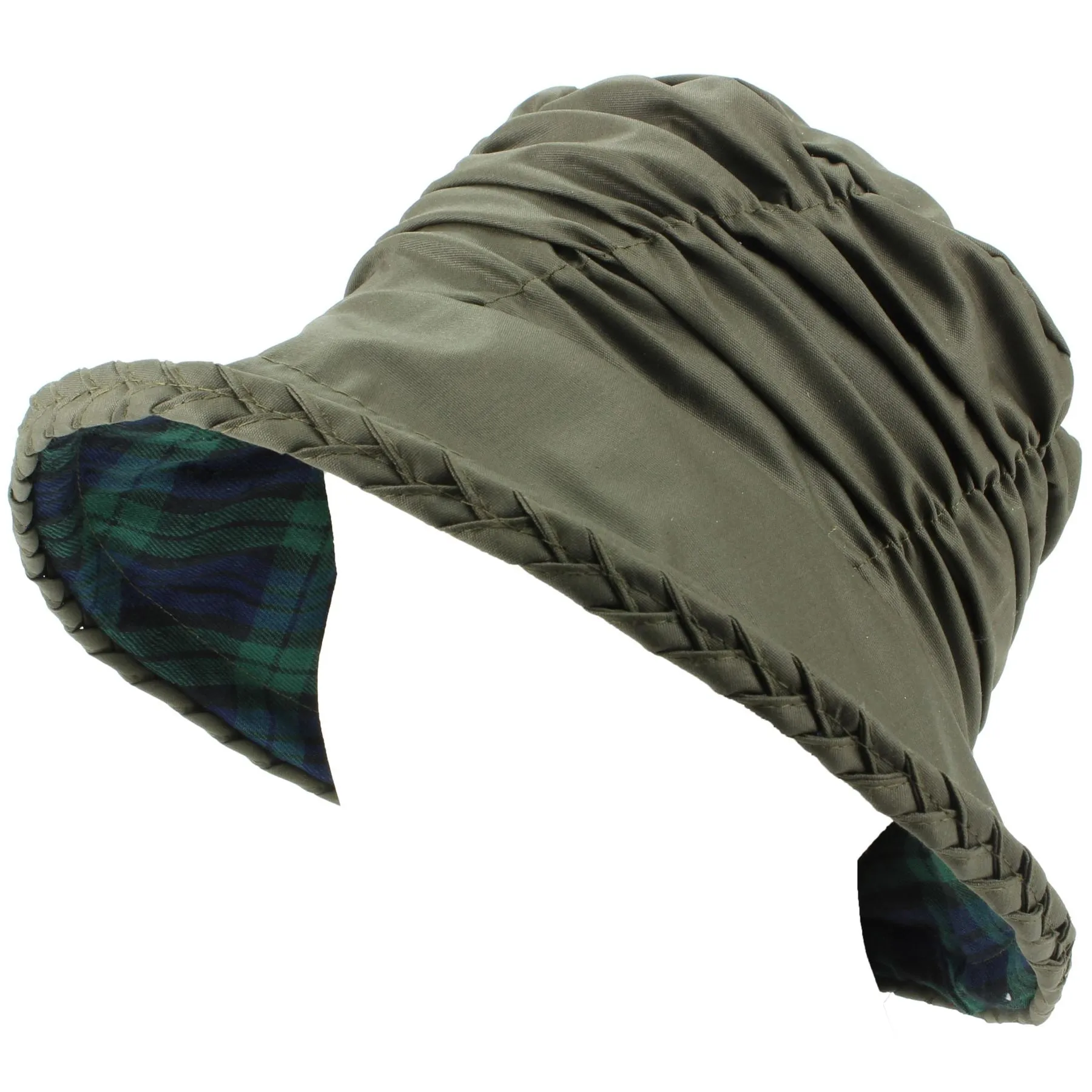 Ladies Water Resistant Wax Cloche Hat with Ruched Crown and Tartan Check Lining - Green