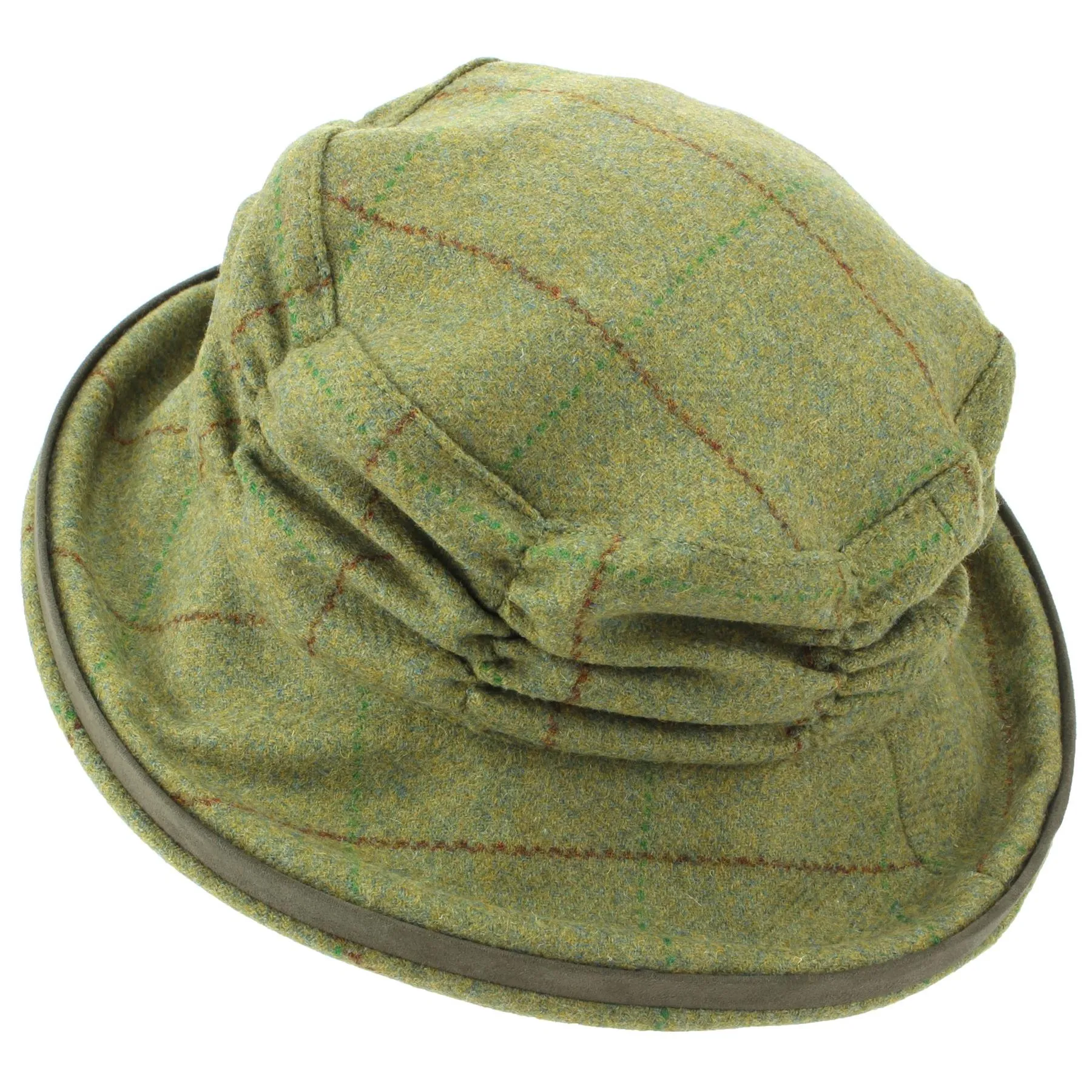Ladies Wool Tweed Cloche Hat with a Ruched Crown - Mid Green