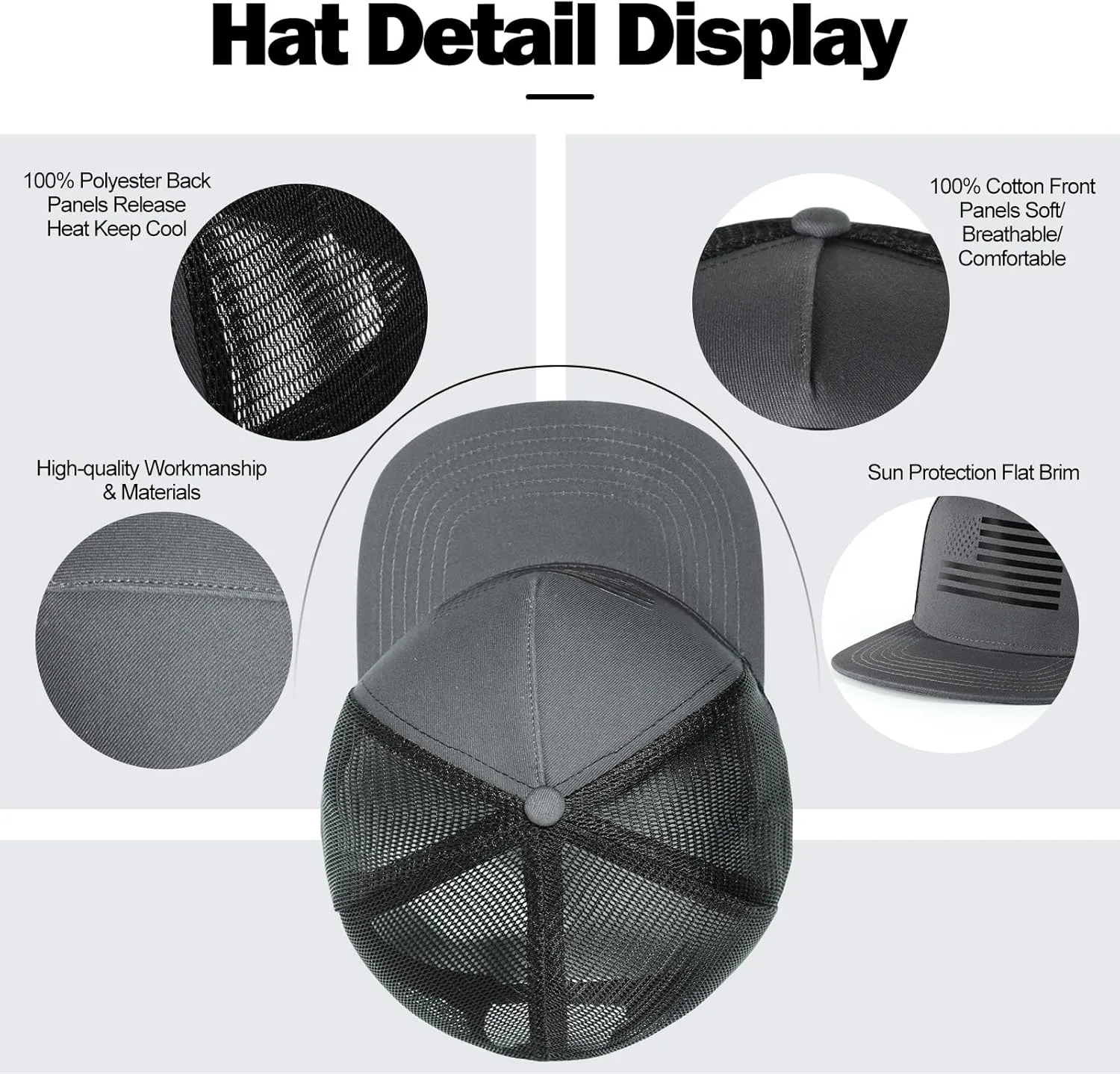 Men's Oversize XXL American Flag Flat Brim Cap - 3D Embossed Logo Mesh Snapback Hat - Adjustable Flat Bill Hats