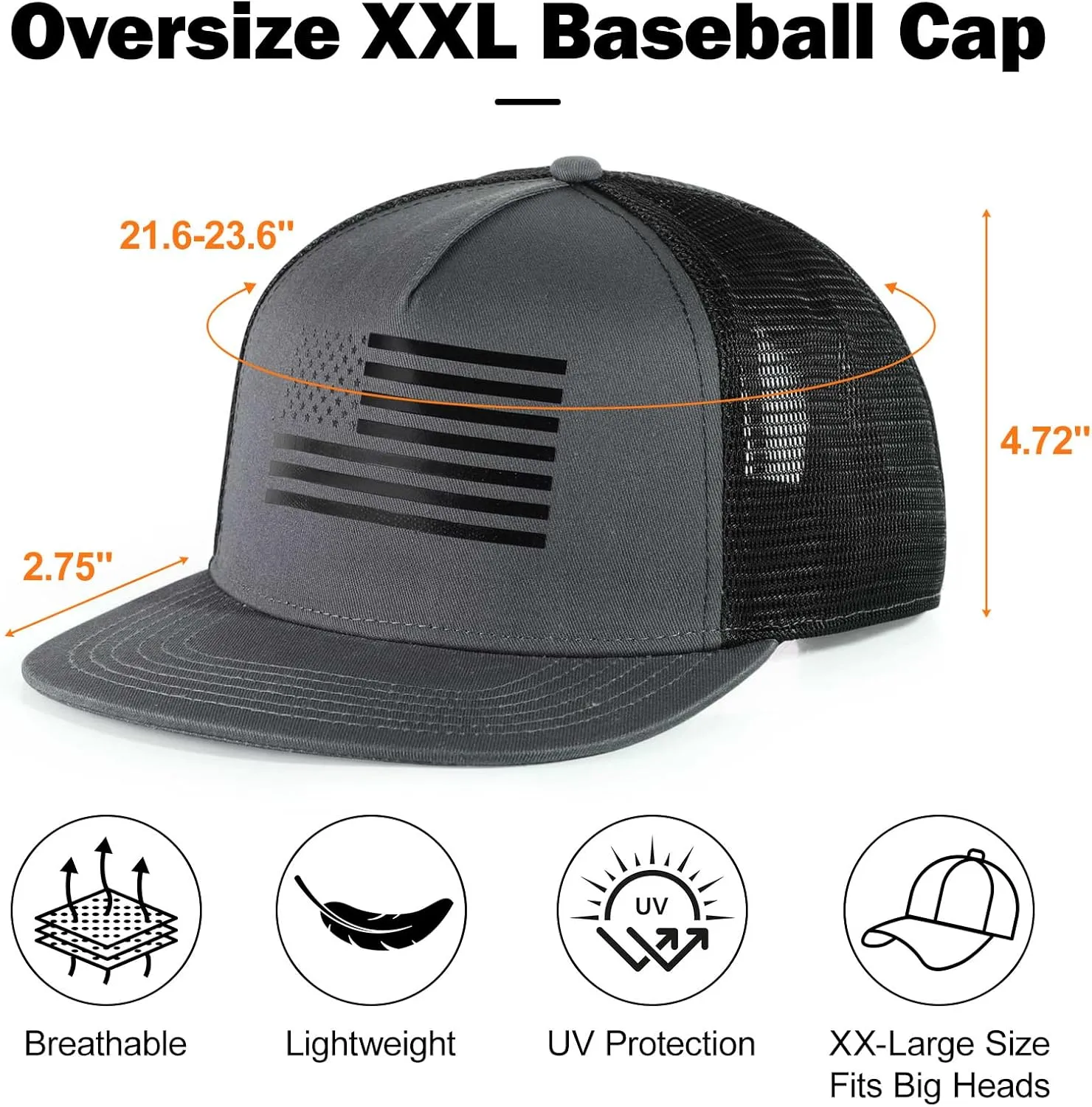 Men's Oversize XXL American Flag Flat Brim Cap - 3D Embossed Logo Mesh Snapback Hat - Adjustable Flat Bill Hats