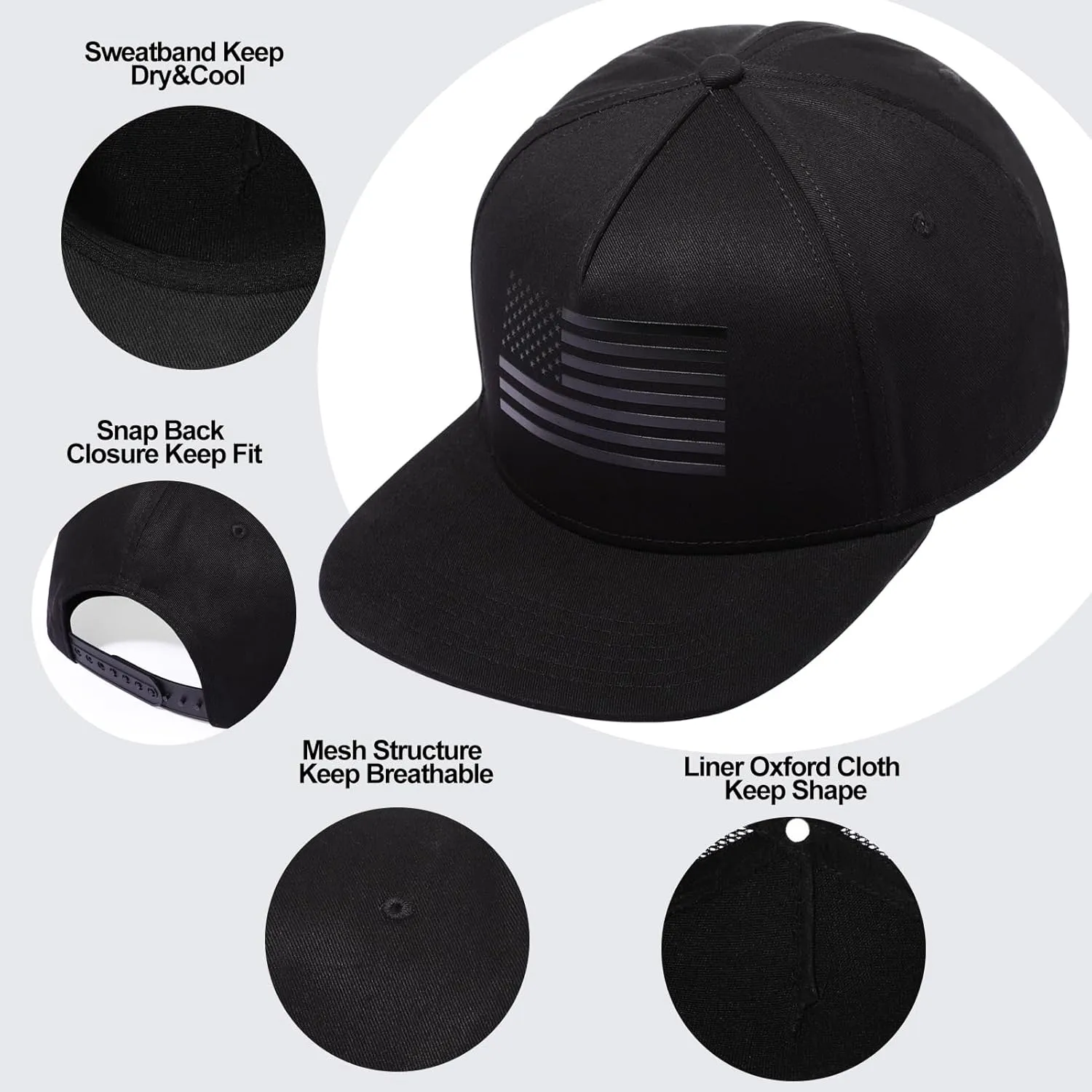 Men's Oversize XXL American Flag Flat Brim Cap - 3D Embossed Logo Mesh Snapback Hat - Adjustable Flat Bill Hats