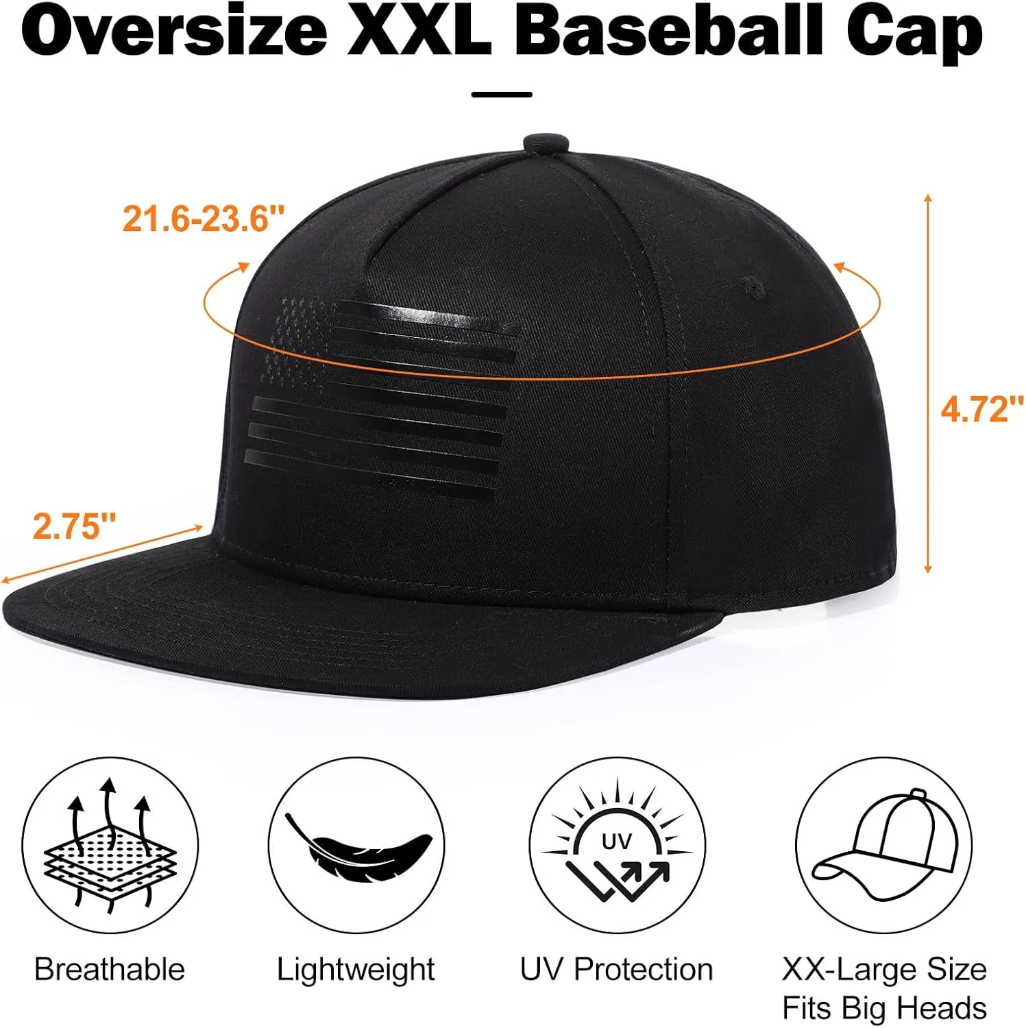 Men's Oversize XXL American Flag Flat Brim Cap - 3D Embossed Logo Mesh Snapback Hat - Adjustable Flat Bill Hats
