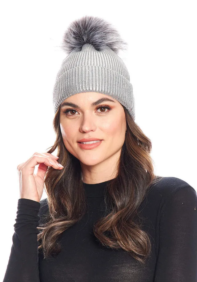 Metallic Knit Faux Fur Pom Hat