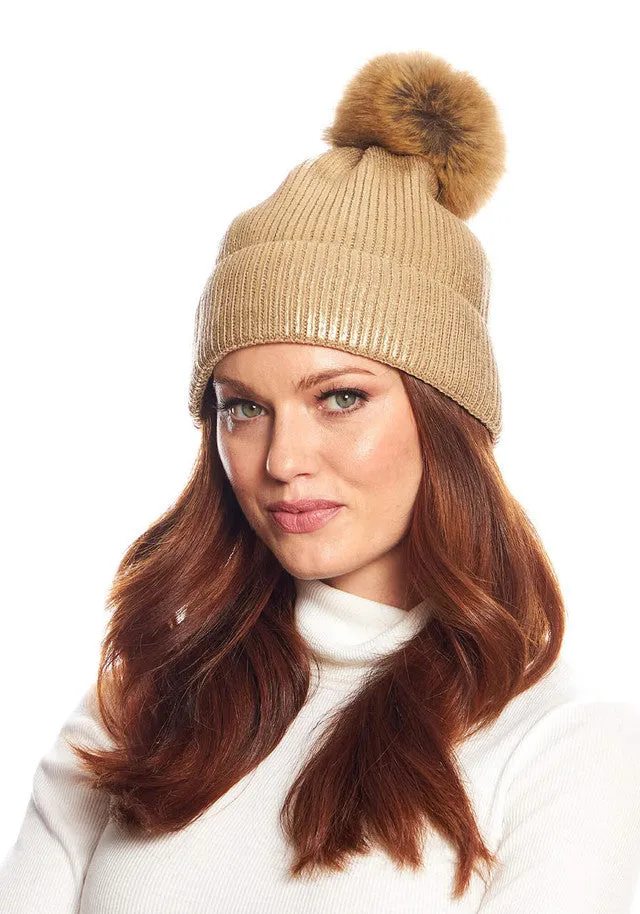 Metallic Knit Faux Fur Pom Hat