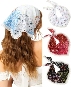 Molans 3Pcs Floral Head Scarf, Chiffon Hair Bandanas Kerchief, Vintage Boho Hair Scarf for Women Girls