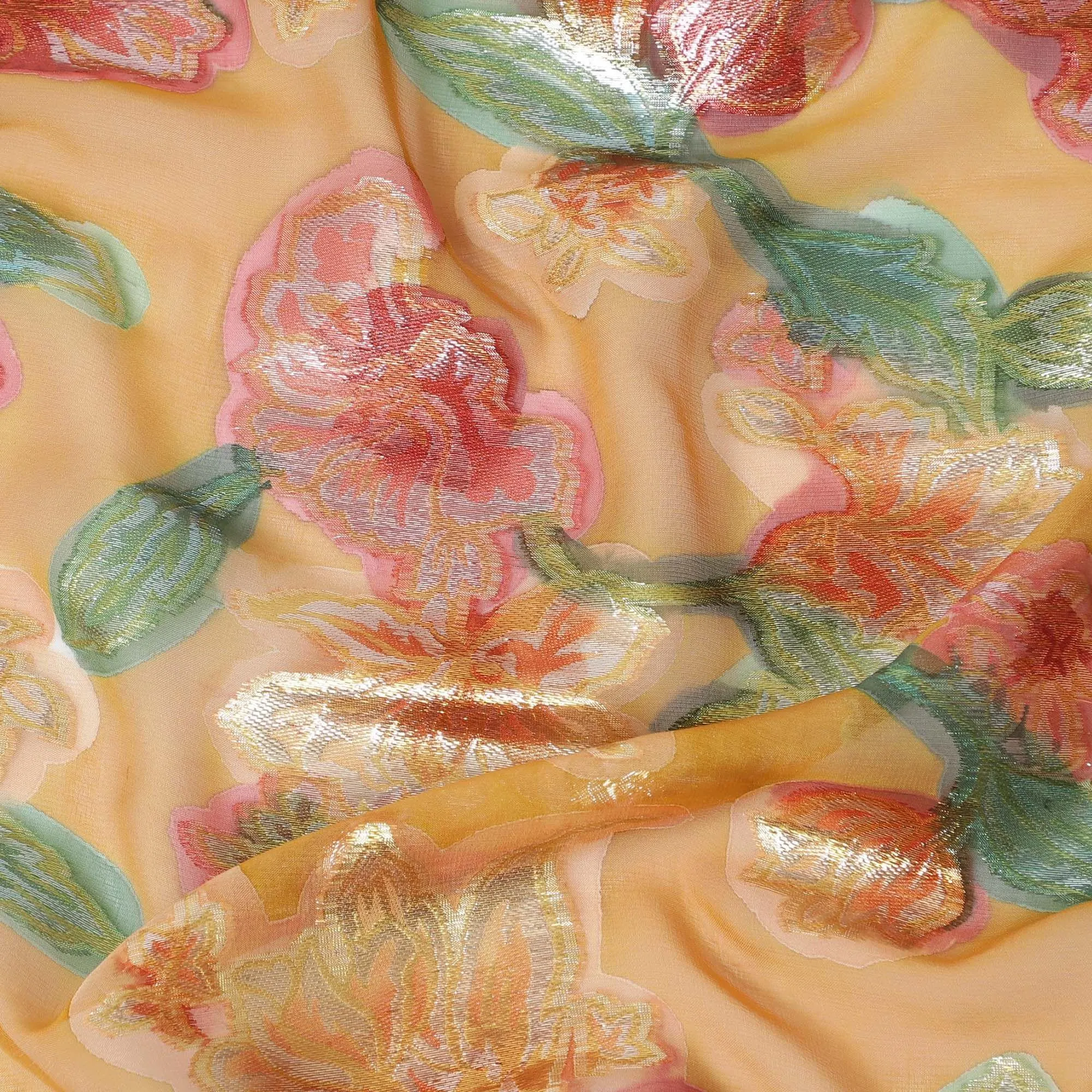 Mustard brown premium pure silk chiffon fabric with multicolor hand printed and metallic lurex in floral design-D10424