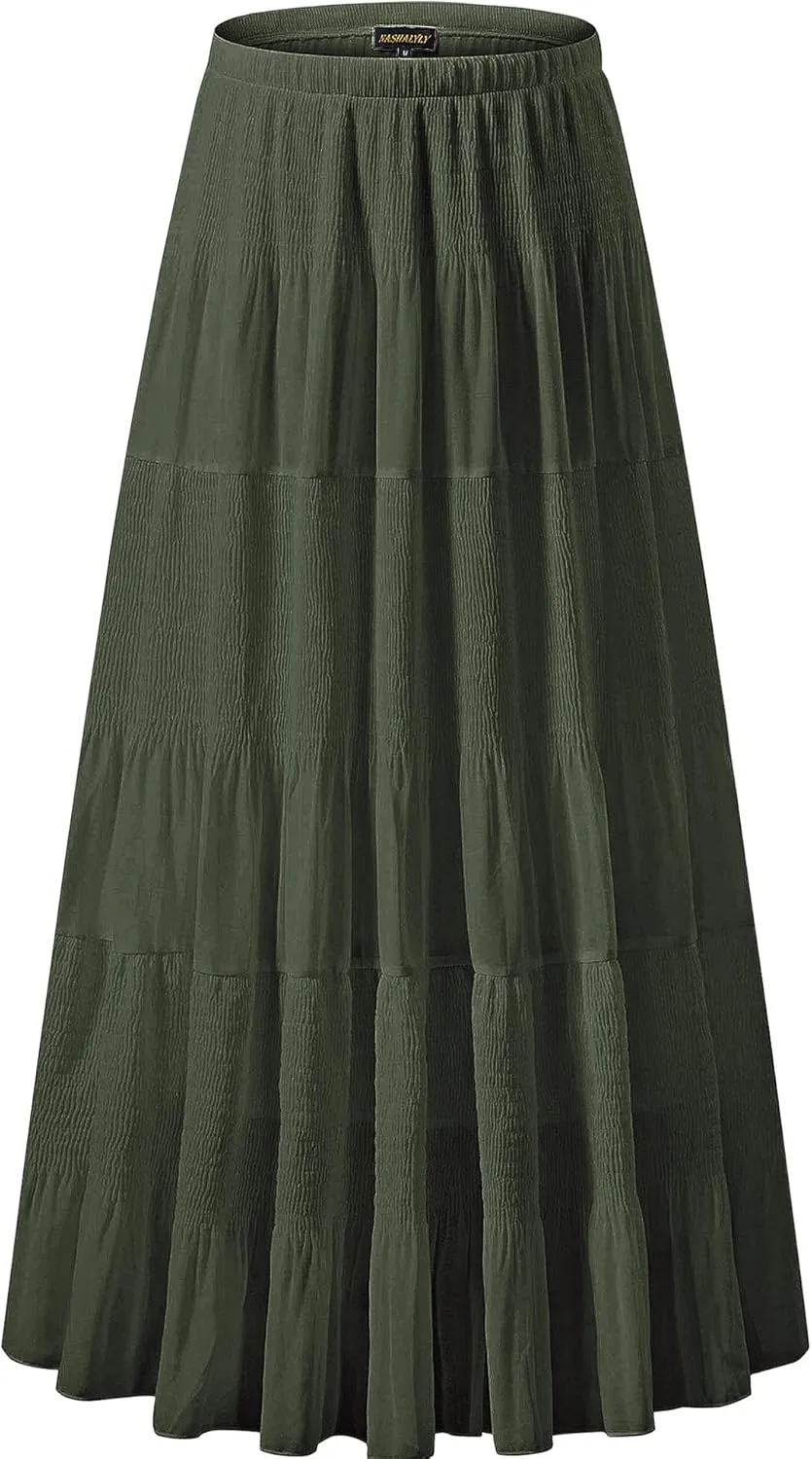 NASHALYLY Women's Chiffon Elastic High Waist Pleated A-Line Flared Maxi Skirts