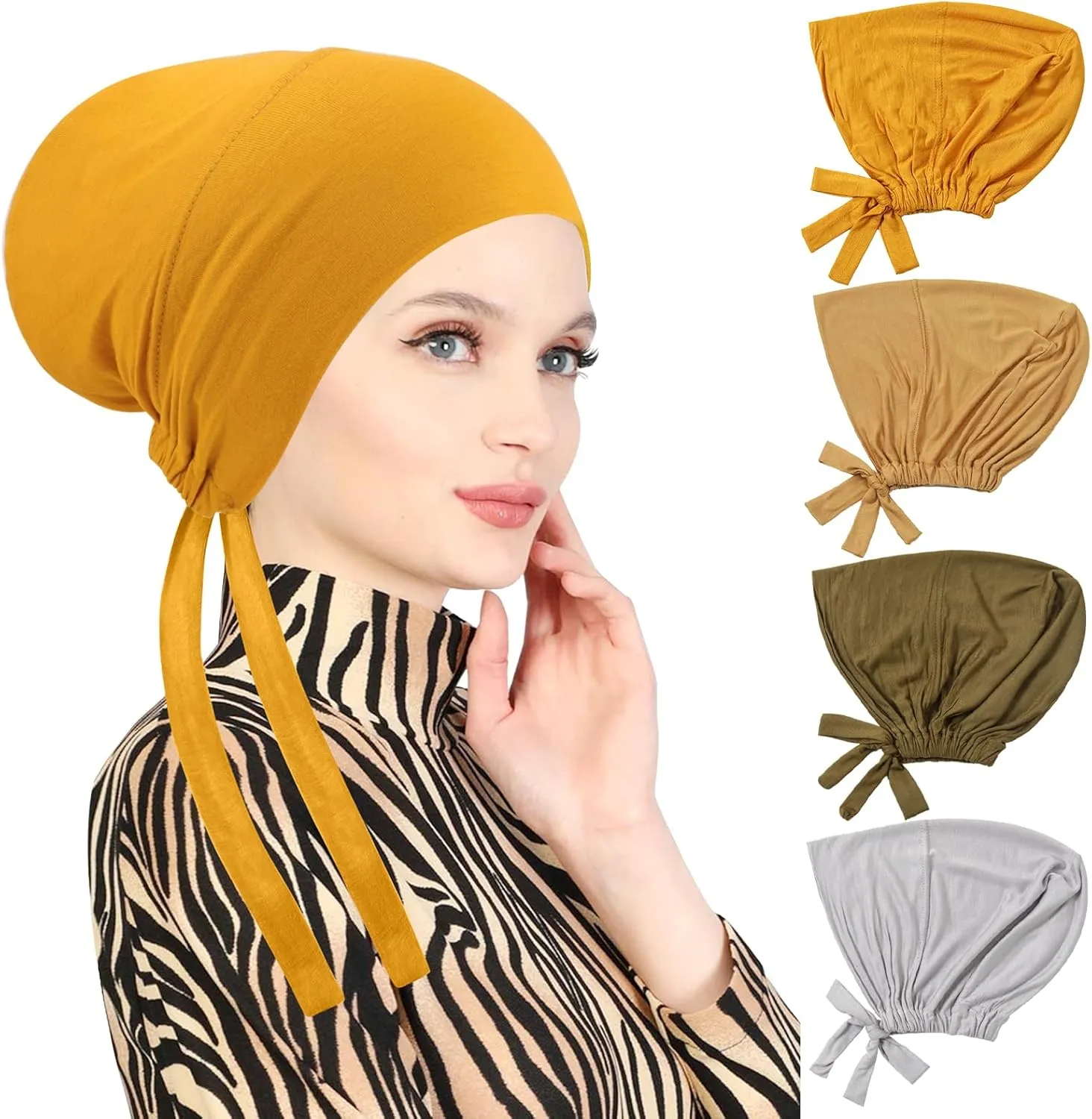 PHOGARY 4 Pcs Women Hijab Undercap, Islamic Muslim Under Hijab Cap Inner Under Scarf Hat Turban with Tie Back Closure