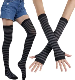 SherryDC Womens Girls Cosplay Rainbow Striped Knee High Socks Leg Arm Warmer Fingerless Gloves Set