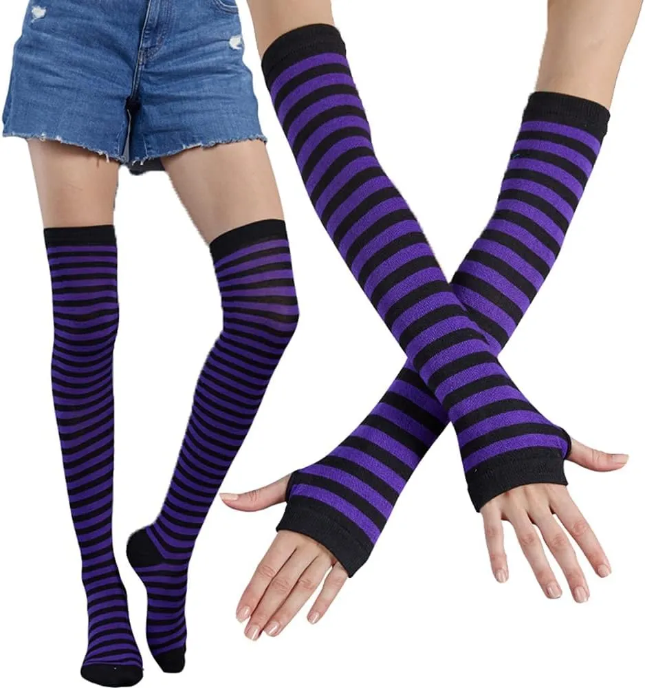 SherryDC Womens Girls Cosplay Rainbow Striped Knee High Socks Leg Arm Warmer Fingerless Gloves Set