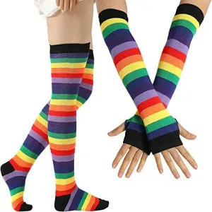 SherryDC Womens Girls Cosplay Rainbow Striped Knee High Socks Leg Arm Warmer Fingerless Gloves Set