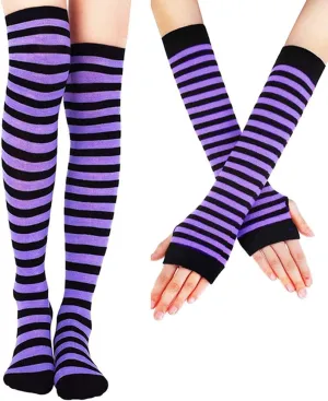 SherryDC Womens Girls Cosplay Rainbow Striped Knee High Socks Leg Arm Warmer Fingerless Gloves Set