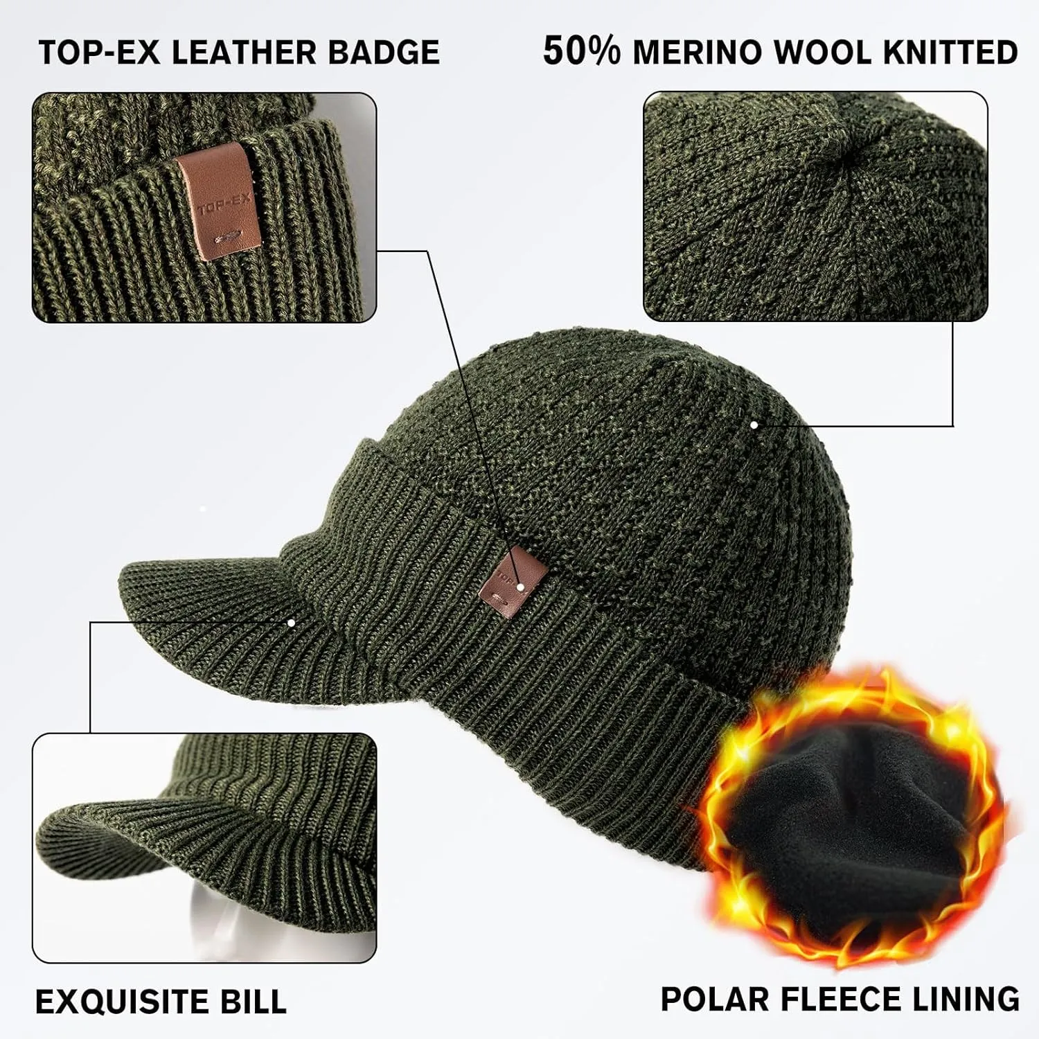 TOP-EX L/XL/XXL 50% Merino Wool Waterproof All Weather Brim Beanie Fleece Lined Unisex