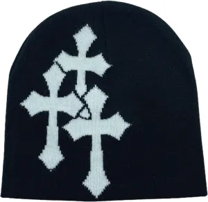 Y2K Dark Cross Wool Hat - Cross Pattern Fashion Loose Pile Knit Hat for Cold Weather - Autumn and Winter